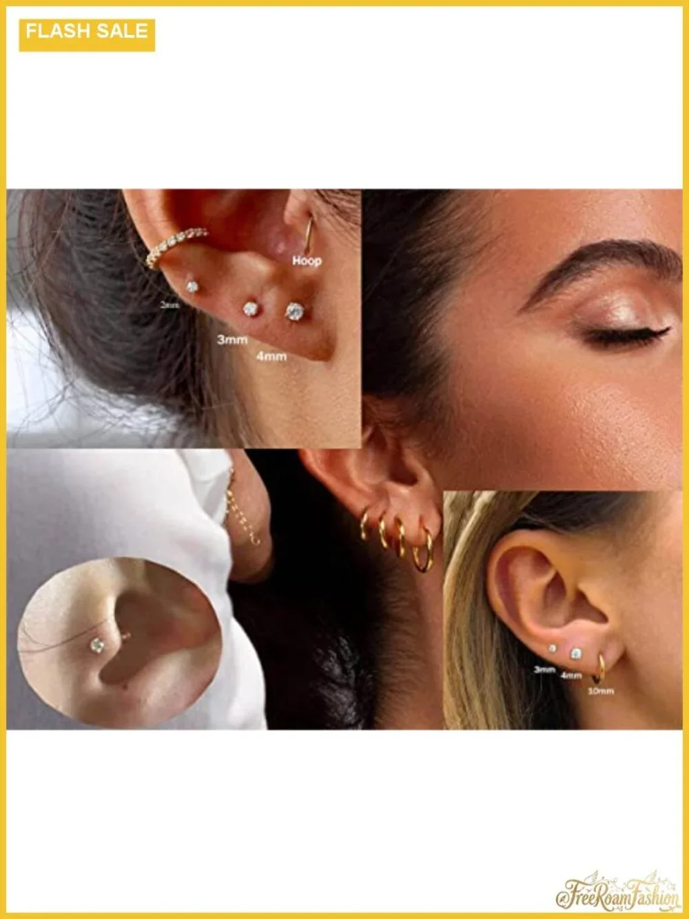 14K Gold Plated Hypoallergenic Earring Set for Multiple Piercings, 6 Pairs Flat